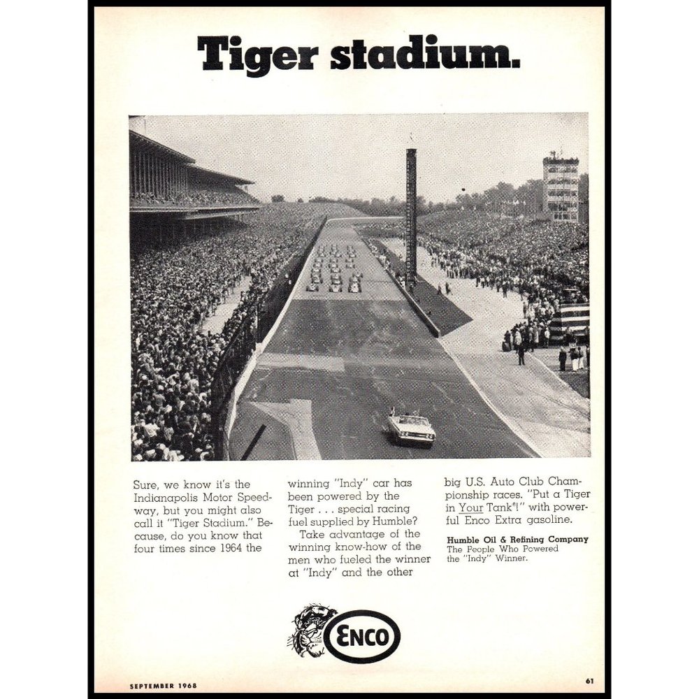 1968 Enco Tiger Stadium Indy 500 Race Car Vintage Print Ad Brickyard Wall Art